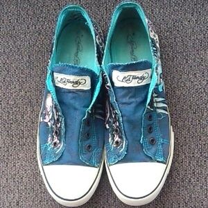 Ed Hardy Teal Canvas Slip-On Sneakers with Eagle 🦅 Side Print